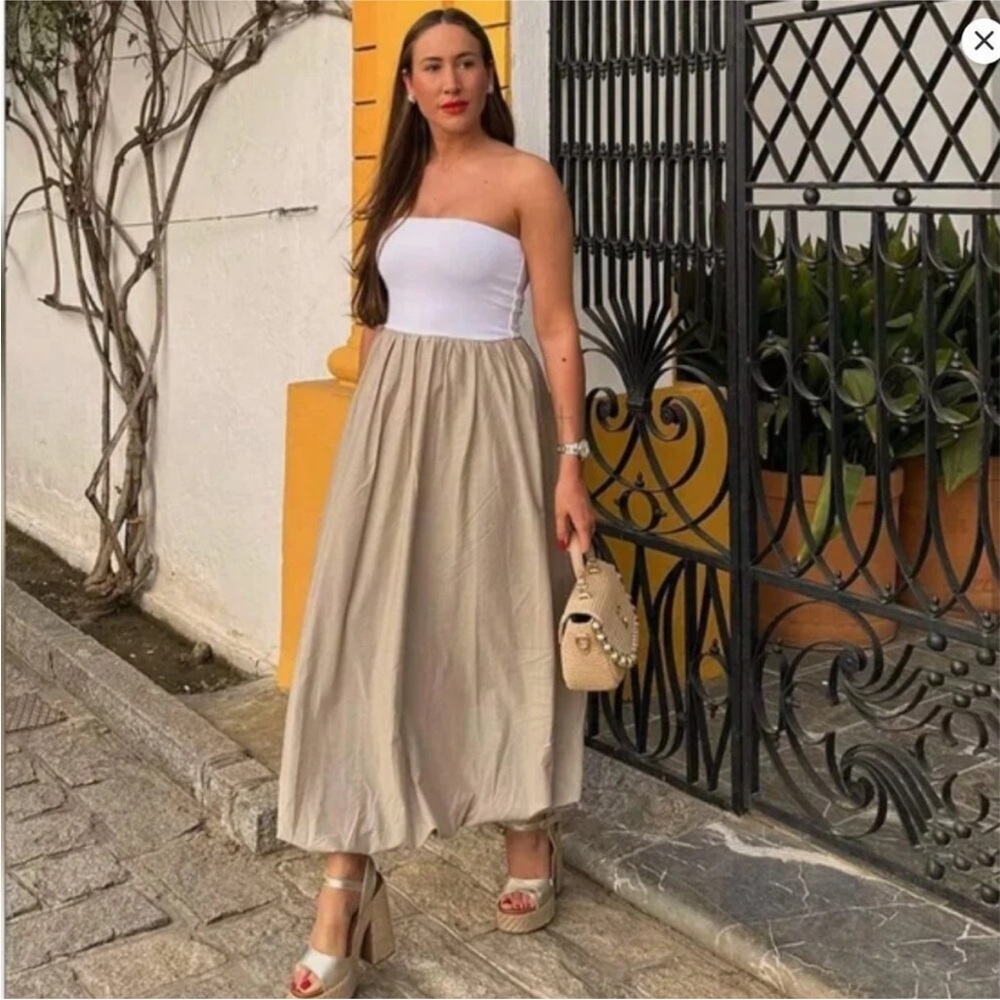 Zara Combination Balloon Dress Light Khaki